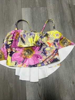 Floral Ruffle Swim Bikini Top - Pink & Yellow